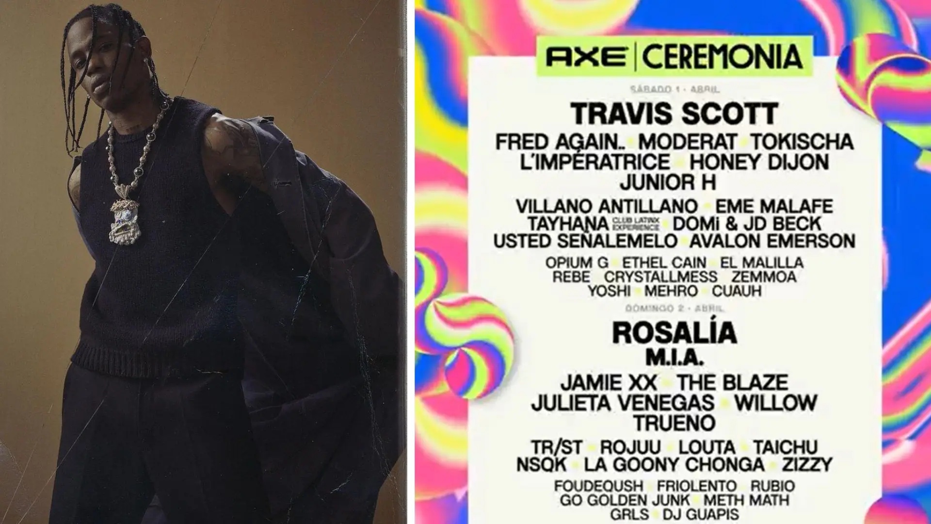 Tavis Scott y lineup de festival Axel Ceremonia 2023.